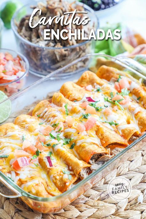 Carnita Meat Recipes, Creamy Pulled Pork Enchiladas, Carnitas Meat Recipes, Carnita Enchilada Recipe, Recipes With Pork Carnitas Meat, Carnita Enchilada Casserole, Mexican Food Pork Recipes, Left Over Carnita Recipe, What To Make With Carnitas Meat