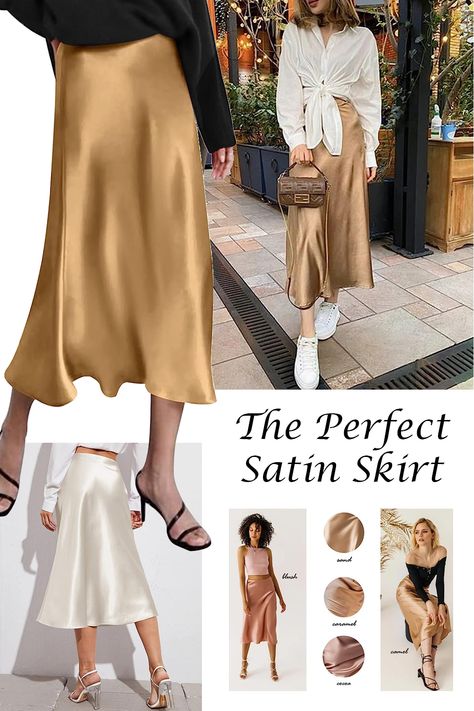 I absolutely LOVE this beautiful satin skirt! Perfect to wear in the summer with your favorite sandals or sneakers or in the fall with a nice sweater or layers on top. It comes in a variety of colors and patterns. Get a few variations to wear as a base for your outfits! As an Amazon Associate I earn from qualifying purchases. The skirt is machine washable, which it super convenient. Fits as expected and has a little bit of stretch because the material is 5% spandex. Gold Satin Skirt Outfit Summer, Long Gold Skirt Outfit, Bronze Skirt Outfit, Champagne Skirt Outfit, Gold Satin Skirt Outfit, Satin Skirt Outfit Casual, Gold Skirt Outfit, Long Gold Skirt, Satin Skirt Outfit Summer