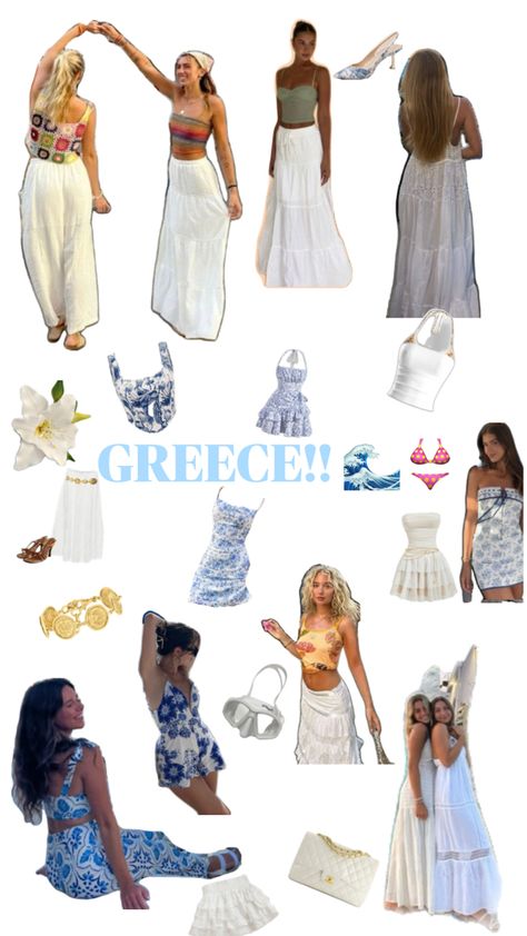 Greece fits/ accessories Greece Culture Clothes, Crete Greece Aesthetic Outfits, Outfits To Wear In Greece Spring, Greece Style Outfits, Greek Outfit Aesthetic, Dresses For Greece, Greek Vacation Outfit, Greek Island Outfits, Greek Outfit Ideas