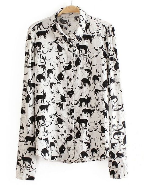 Shop White Lapel Long Sleeve Cats Print Rivet Blouse online. SheIn offers White Lapel Long Sleeve Cats Print Rivet Blouse & more to fit your fashionable needs. White And Black Cat, Printed Chiffon Blouse, Printing Shirt, Cat Fashion, Wholesale Shirts, White Long Sleeve Shirt, Shirt Pattern, Blouse Styles, Stylish Shirts