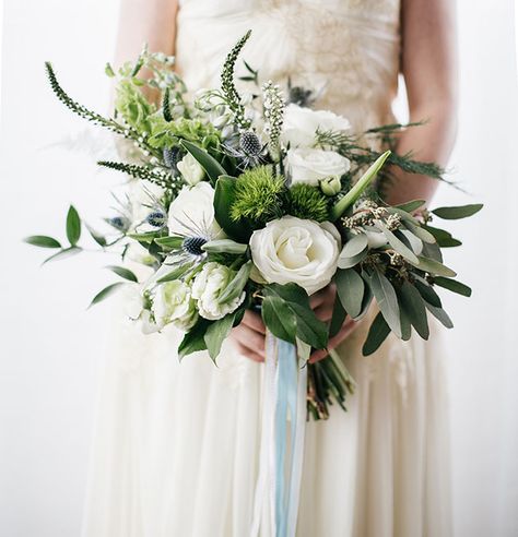 white and green bouquet with eucalyptus and thistle by Belovely Floral and Event Design Blue Wedding Centerpieces, Bouquet Bride, Blue Wedding Bouquet, Flowers And Greenery, Green Bouquet, Blue Wedding Flowers, White Wedding Bouquets, Geometric Wedding, White Bouquet