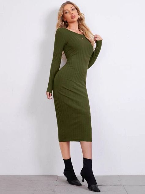 Solid Long Sleeve Rib-knit Dress | SHEIN USA Long Ribbed Dress, Skin Dress, Knit Tank Dress, Dress Modest, Ribbed Dress, Womens Knit Dresses, Ribbed Knit Dress, Knit Tank, Shein Style