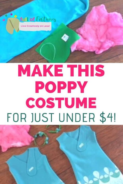 How To Make A DIY Princess Poppy Troll Inspired Costume For Less Than $4 - Full of Fortunes Poppy Costume Diy, Troll Costume Diy, Princess Poppy Costume, Poppy Halloween Costume, Troll Halloween Costume, Poppy Costume, Trolls Dress, Troll Costume, Princess Poppy