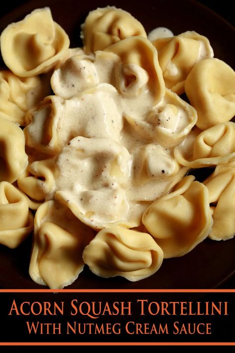 A plate of Acorn Squash Tortellini, topped with nutmeg cream sauce. Acorn Squash Pasta Sauce, Nutmeg Sauce, Nutmeg Recipes, Squash Tortellini, Cream Sauce Pasta, Recipe Pasta, Cream Pasta, Filled Pasta, Tortellini Recipes