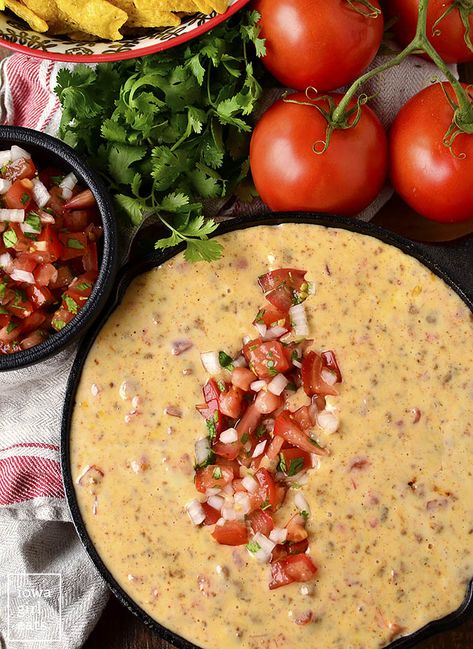 Chorizo Queso Dip is made from just three ingredients! This creamy, cheesy, gluten free dip recipe will be the hit of your next tailgate party. Sponsored by Red Gold® Tomatoes. | iowagirleats.com #glutenfree Chorizo Queso Dip, Gluten Free Nachos, Chorizo Appetizer, Chorizo Dip, Chorizo Queso, Gluten Free Dips, How To Cook Chorizo, Fruit Dips Recipes, Party Cooking