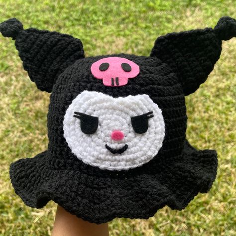 Kuromi is now available on my Depop, hurry and catch her!! Kuromi Bucket Hat Crochet, My Melody Crochet Hat, Crochet Kuromi Hat, Kuromi Crochet Hat, Kuromi Crochet Pattern, Crochet Kuromi, Hello Kitty Crochet, Crochet Bucket, Kawaii Crochet