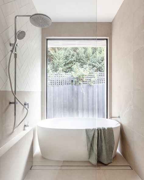 Brighton Project | YDM Design Studio | Interior Design Melbourne Freestanding Shower Bath Combo, Freestanding Bath In Front Of Window, Bath In Front Of Window, Bath Under Window, Luxurious Ensuite, Full House Renovation, Freestanding Bath With Shower, Bathroom Layout Ideas, Ensuite Design