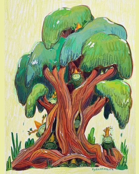 Trees Illustration Art, Cute Tree Illustration, Furrylittlepeach Art, Cute Tree Drawing, Tree Character Design, Katie Mai, Goblin Illustration, Tree Illustration Art, October Illustration