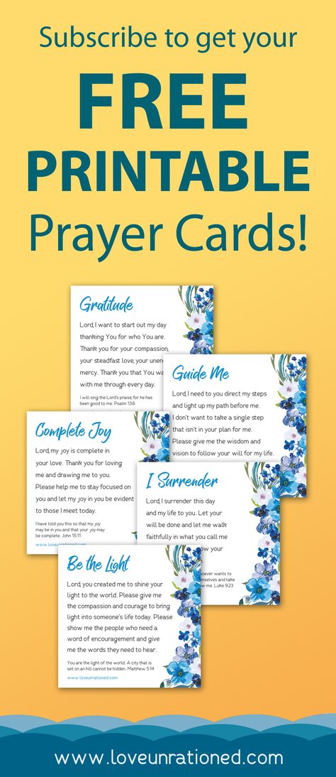 I want to stay focused on Christ and follow God's will for my life, but I get distracted so easily! I designed these printable prayer cards to help us grow closer to God and follow His will. They're yours FREE when you subscribe to love unrationed. #prayercards #deeplyrooted #bestillandknow #givemejesus #christianblog #christianblogger #faithblog #faithblogger #womanoffaith #seekingGod #Hisglory Prayer Cards Printable, Free Christian Printables, Grow Closer To God, Prayer Of Thanks, Printable Prayers, Bible Printables, Short Prayers, Faith Blogs, Free Printable Cards