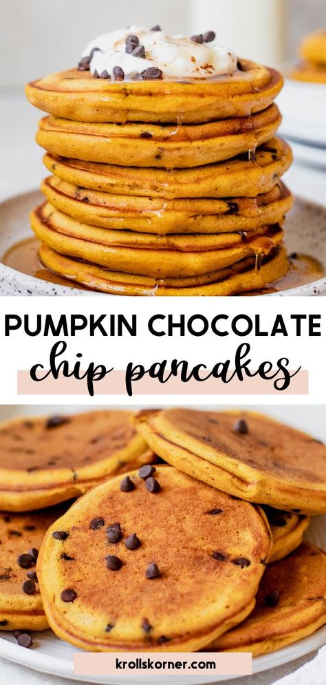 pumpkin pancakes on a white plate Pumpkin Chocolate Pancakes, Pumpkin Chocolate Chip Pancakes Easy, Pumpkin Chocolate Chip Waffles, Mini Pumpkin Waffles, Fall Pancake Recipes, Thanksgiving Pancakes, Pumpkin Food Ideas, Thanksgiving Breakfast Ideas, Easy Pumpkin Pancakes