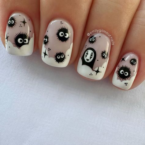 Snorlax Nail Art, No Face Nail Art, No Face Nails, Soot Sprite Nails, Studio Ghibli Nails, Ghibli Nails, Manicure For Short Nails, Nails Design Halloween, Short Nails Ideas