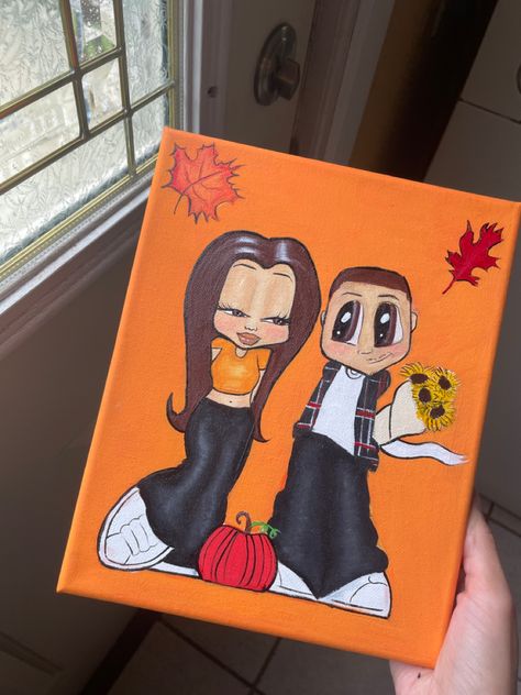 Fall Couple Painting, Chicano Drawings Couples, Art Drawings Cute, Couple Painting Ideas Cartoon, Chicano Love Art, Couples Canvas Painting, Anniversary Canvas, Chicano Love, Fall Drawings