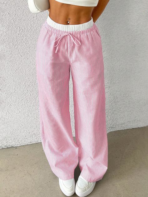 SHEIN EZwear Women's Stylish Pink Striped Woven PantsI discovered amazing products on SHEIN.com, come check them out! Chaleco Casual, Wide Trousers, Y2k Clothes, Fitted Blouses, Casual Stylish, Casual Stripes, Striped Fabrics, Inspiration Mode, Light Jacket