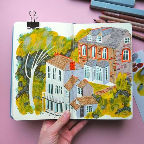 Leta on Instagram: "I will probably use this colour combo until my markers run out 😅💚 #sketchbook #sketchbookart #mixedmediaart #housedrawing #colouredpencils #colours #naturedrawing #natureart #drawingaday #dailysketch" Color Pencil Illustration, Sketchbook Art Journal, Watercolor Sketchbook, Colour Combo, Nature Drawing, Sketch Markers, Arte Sketchbook, Sketchbook Journaling, Sketchbook Inspiration