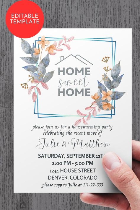 If you're looking for a unique housewarming party invitation template, look no further! Your guests will be delighted to hear that you have moved into your new home with this lovely housewarming invite. This floral editable digital housewarming party invite includes customizable text for you to add all party details. All text and colors are editable. Homewarming Invitation Card, New Home Invitation Card Design, Home Invitation Card Design, New Home Invitation Card, Housewarming Invitation Wording, Housewarming Invitation Cards, Housewarming Invitations, Housewarming Invitation Templates, Evite Invitations