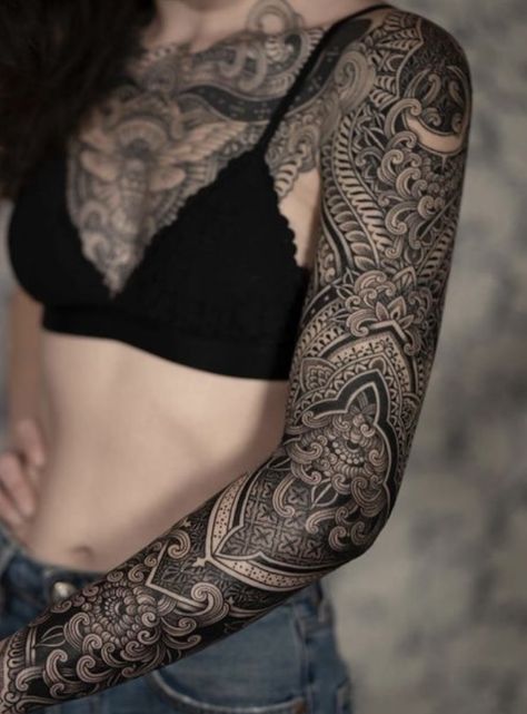 Sacred Geometric Tattoo, Lace Sleeve Tattoos, Arm Cover Up Tattoos, Geometric Tattoo Sleeve Designs, Sacred Tattoo, Mandala Tattoo Sleeve, Arm Sleeve Tattoos For Women, Sleeve Tattoo Ideas, Sacred Geometry Tattoo