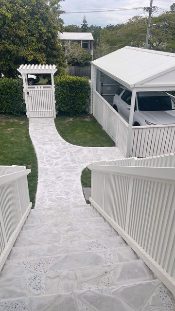 Tiled Front Path, Crazy Paving Entrance, Crazy Pave Front Entrance, Front Path Ideas, Crazy Pave Entry, Tiled Front Steps, Crazy Paving Pathway, Crazy Pave Path, Crazy Pave Pool