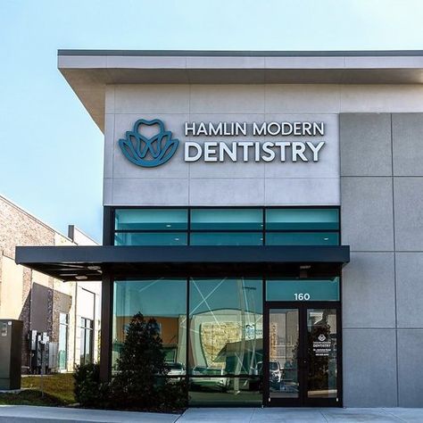 Hamlin Modern Dentistry — Logo Design & Brand Identity Design Chicago | Glen Ellyn Dental Clinic Outdoor Design, Dental Clinic Exterior Design, Pharmacy Facade, Hospital Exterior, Dental Health Week, Dental Branding, Logo Dental, Dental Clinic Logo, Modern Hospital