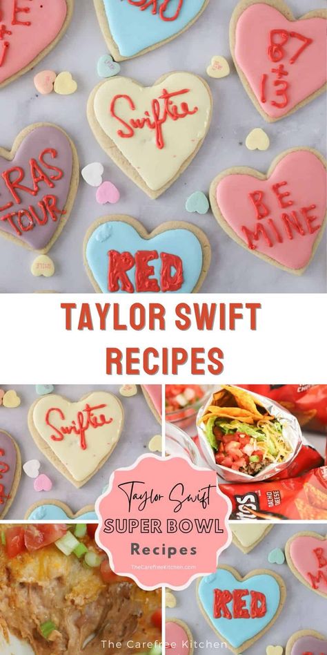 Whether you're planning a Taylor Swift themed birthday party, a bachelorette party, or a watch party of our Queen, here's a superstar list of Taylor Swift party food to use at your next Swiftie event. #thecarefreekitchen #taylorswift #swifties #partyfood #superbowl #taylorswiftparty Taylor Swift Dinner Ideas, Eras Themed Party Food, Taylor Swift Watch Party Ideas, Taylor Swift Themed Desserts, Taylor Swift Eras Party Food Ideas, Eras Party Food, Taylor Swift Menu Ideas, Taylor Swift Party Food Puns, Taylor Swift Eras Party Food