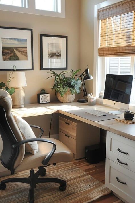 L-Shaped Desk Layout L Shaped Desk Organization Ideas, Home Office Layout Ideas Floor Plans, Rectangle Home Office Layout Ideas, L Shaped Desk Setup Aesthetic, Cosy Home Office Ideas, Desk Extension Ideas, L Shape Desk Ideas, L Desk Office Layout, L Shape Desk Office Layout Small Spaces