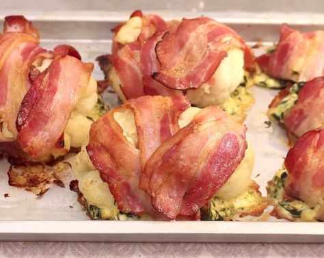 Learn more about Bacon-Wrapped Cauliflower with Cheese Stuffing from SideChef! Bacon Wrapped Cauliflower, Stuffed Cauliflower, Cauliflower With Cheese, Garlic Cheddar, Chicken Sauce Recipes, Recipes Vegetables, Clean Eating Salads, Clean Eating Chicken, Baked Veggies