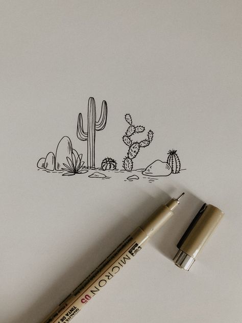 drawing techniques: desert botanicals Cactus And Mountains Drawing, Desert Doodles Drawing, Desert Drawing Ideas, Desert Design Ideas, Ink Sketches Sketchbooks, Cacti Drawing Simple, Desert Doodles, Desert Sketch, Desert Drawing