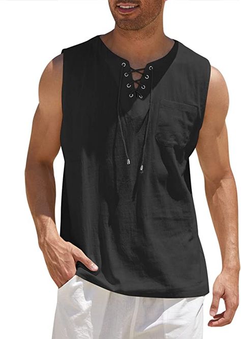 Beach Hippie, Chaleco Casual, Lace Up Tank Top, Men Casual Summer, Hippie Tops, Hippie Shirt, Linen Tank Top, Linen Tank, Cooler Look