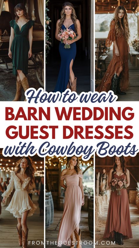 women wear barn wedding guest dress with cowboy boots, western outfits Dresses To Wear To Country Wedding, Rustic Barn Wedding Guest Dress, Dresses To Wear To A Wedding With Boots, Western Wear Wedding Guest, Texas Formal Attire Country Weddings, Formal Western Wedding Guest, Cowboy Wedding Attire Women, Western Outfits Women Wedding Guest, Western Wedding Outfits Guest Classy