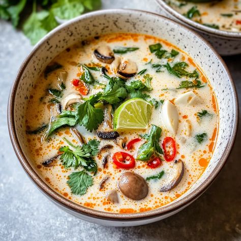 Discover an easy Tom Kha Gai recipe! This creamy Thai coconut chicken soup is packed with flavors of lemongrass, ginger, and lime. Thai Coconut Mushroom Soup, Thai Coconut Lemongrass Soup, Thai Ginger Soup, Yum Tom Soup Thai, Tom Yum Broth Recipe, Crockpot Tom Yum Soup, Thai Cauliflower Soup, Thai Lentil Soup, Creamy Thai Chicken Soup