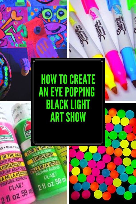 How to create an eye popping black light art show. Diy Black Light Decorations, Black Light Classroom Ideas, Glow Room Ideas, Black Light Decor, Diy Black Light Paint, Neon Art Projects Elementary, Glow Gallery, Black Light Paintings, Black Light Drawings