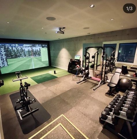 Golf Simulator Room, Golf Room, Dream Home Gym, Home Gym Garage, Golf Simulator, Gym Setup, Gym Room At Home, Indoor Gym, Kids Basement