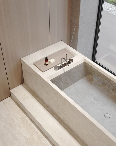 Concrete Bathtub, Bathroom Minimalist, Marble Bathtub, Built In Bathtub, Minimalist Bathroom Design, Interior Boho, Bathtub Design, Bathroom Inspiration Decor, Bad Design