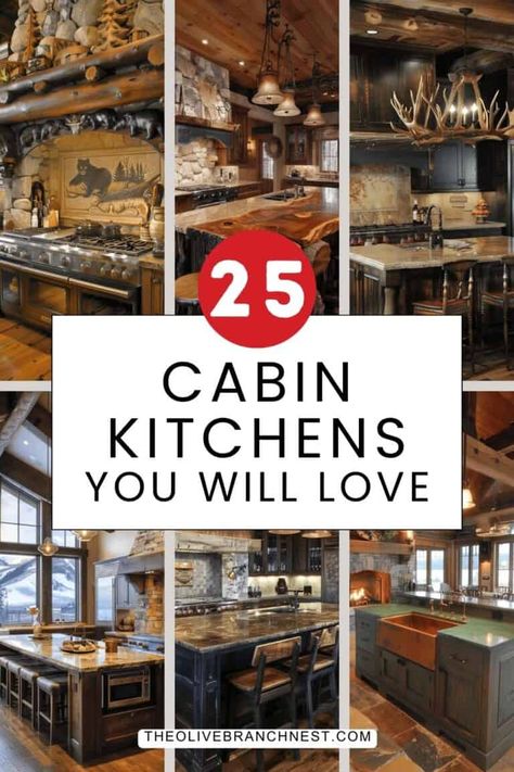 Cabin Kitchen Ideas Hickory Kitchen Cabinets In Log Home, Backsplash Log Cabin Kitchen, Log Cabin Kitchen Cabinets, Lodge Kitchen Ideas Rustic, Simple Cabin Kitchen, Over The Stove Decor, Hunting Cabin Kitchen, Lodge Kitchen Ideas, Log Cabin Kitchens Cabinets