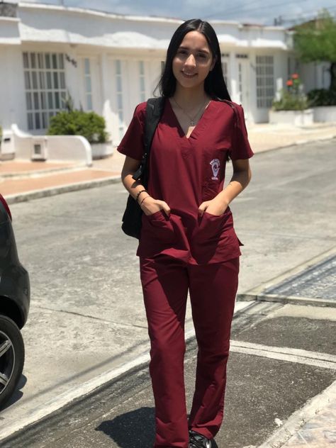 Burgundy Scrubs Outfit, Medical Receptionist Outfit, Maroon Scrubs, Burgundy Scrubs, Medical Scrubs Fashion, Red Scrubs, Medical Scrubs Outfit, Nurse Inspiration, Scrubs Outfit