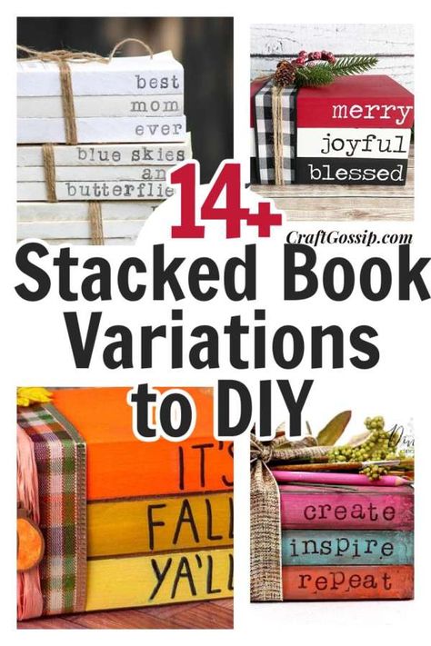 Painted Book Stacks Diy, Stamped Book Stacks Diy, Mini Wood Book Stacks Diy, How To Make Book Stacks, Christmas Book Stacks Diy, Wooden Book Stacks Diy, Diy Stacked Books, Christmas Book Stacks, Book Stack Ideas