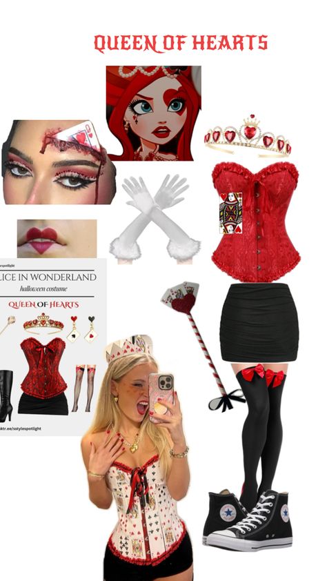 Queen, red corset , gloves, Makeup Red Ivy Costume, Red Outfit Halloween Costumes, Late Costume Ideas, Alice And Red Queen Costume, Simple Halloween Costume Ideas For Women, Halloween Costume Ideas Women Diy, Red Corset Halloween Costumes, Cozy Halloween Costumes, Halloween Costumes Queen Of Hearts