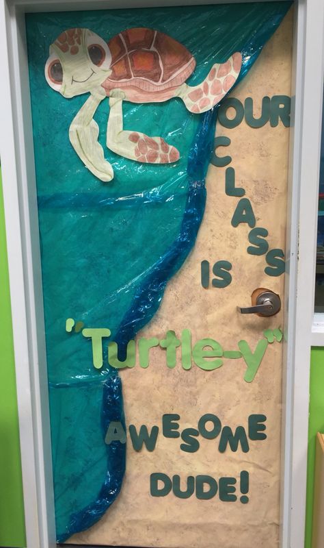 My class door that I did for our sea turtle theme this month! Pretty proud of it! Preschool Summer Themes Ideas, Turtley Awesome Bulletin Board, Hawaiian Teacher Appreciation Door, Under The Sea Classroom Door Ideas, Disney Teacher Appreciation Door, Beach Door Decoration, Under The Sea Door Decorations, Summer Door Ideas, Under The Sea Classroom Door