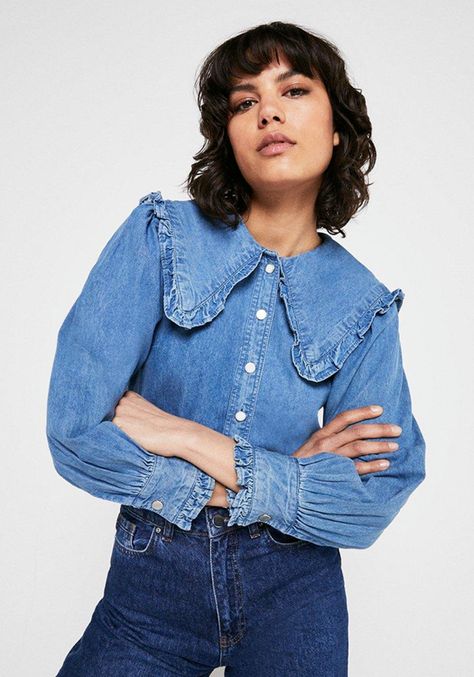 24 New Season Denim Shirts We Love | sheerluxe.com Cargo Jacket Outfit, Ruffle Collar Shirt, Frill Collar, Upcycle Clothes Diy, Happy Clothes, Denim Shirt With Jeans, Denim Shirts, Cold Weather Fashion, Denim Blouse