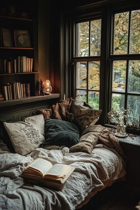 What are you reading this Sunday? Dark Cozy Reading Room, Moody Cottage Aesthetic, Light Moody Interior Design, Dark Reading Nook, Dark Academia Reading Nook, Cozy Dark Home, Moody Reading Nook, Moody House Interiors, Moody Cabin