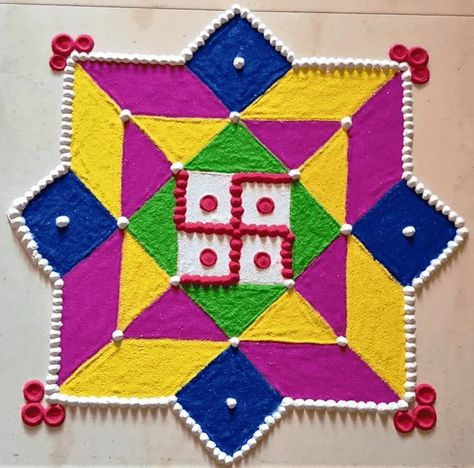 Swastik Rangoli Designs, Artistic Rangoli, Swastik Rangoli, Shower Gifts For Guests, Simple Flower Rangoli, Poster Rangoli, Baby Shower Gifts For Guests, Rangoli Designs Simple Diwali, Rangoli Designs Photos