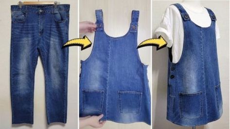 Jeans To Dress Diy, Dress From Old Jeans, Upcycle Clothes Diy Easy, Upcycling Old Jeans, Diy Jeans Upcycle, Repurposing Clothing, Jeans Upcycle, Old Jeans Recycle, Jean Overall Dress