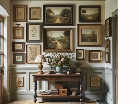 Antique Photo Frames Wall, Moody Vintage Gallery Wall, Classic Gallery Wall, Classic Home Decor Living Room, Eclectic Gallery Wall Living Room, Entryway To Living Room Transition, Wallpaper Gallery Wall, Vintage Wall Collage Ideas, Picture Gallery Wall Ideas