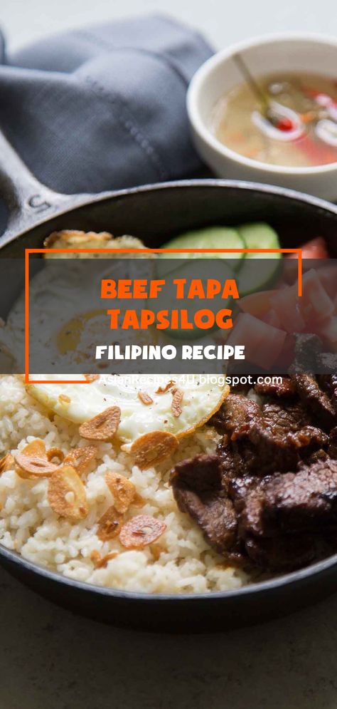 Tapsilog is a popular breakfast dish consisting of Filipino beef tapa, fried egg, and garlic fried rice. #Filipino #Recipe #Tapa Fried Rice Filipino, Casseroles Keto, Beef Tapa, Paleo Breakfast Recipes, Boneless Ribs, Easy And Healthy Breakfast, Garlic Fried Rice, Creative Breakfast, Filipino Recipe