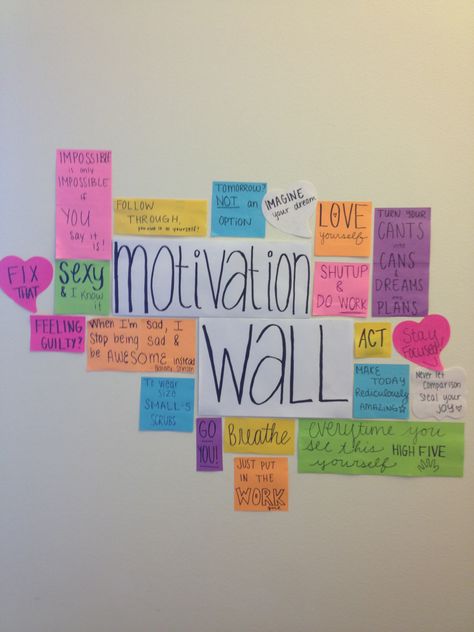 My new motivation wall! I recreated it from another pin and I'm really excited !!! :D Motivation Wall Classroom, Motivation Wall Aesthetic, Quotes To Write On Wall, Sticky Notes Study Wall, Room Wall Quotes Aesthetic, Study Motivation Room Decor, Motivation Wall Study, Desk Motivation Wall, Study Table Wall Decor Quotes