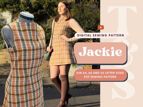 This downloadable sewing pattern features Jackie, a mini shift dress with a sixties silhouette and boat neckline. She comes in a standard mini length (skirt 50cm for 165-180cm height, sizes XS-3XL EU).  Jackie is a versatile Jack of all trades and comes in three options: sleeveless, long fitted sleeves, and long sleeves with a puffy shoulder. It's available in sizes XS - 3XL European, no seam allowance included, no written instructions included - video tutorial provided.  Find more details in th Jackie Dress, Jack Of All Trades, Shift Dress Pattern, Fall Sewing, Make Your Own Clothes, Couture Mode, Sewing Design, Diy Sewing Clothes, Clothes Sewing Patterns