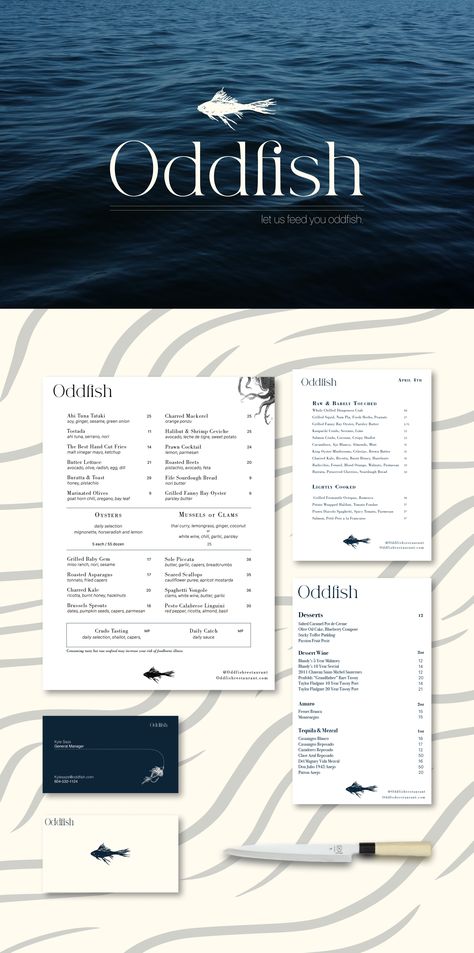 Seafood restaurant menu branding Fish Restaurant Menu Design, Fish Restaurant Branding, Seafood Restaurant Branding, Fish Restaurant Design, Seafood Restaurant Design, Seafood Menu Design, Seafood Branding, Coastal Restaurant, Ocean Restaurant