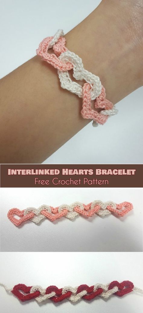 Interlinked Hearts Bracelet [Free Pattern] Crochet Kids Bracelet, Crochet Jewelry Patterns Free Chain Necklaces, Crochet Friendship Band, Crochet Friendship Bracelet Pattern Free, Crochet Anklet Pattern Free, Crochet Embroidery Floss, Crochet Patterns Heart, Crochet With Embroidery Floss, Crochet Choker Free Pattern