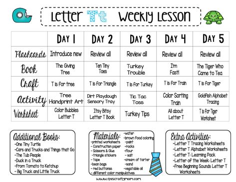 LETTER T – FREE PRESCHOOL WEEKLY LESSON PLAN – LETTER OF THE WEEK - This Crafty Mom Letter T Crafts, Alphabet Lesson Plans, Preschool Curriculum Free, Preschool Weekly Lesson Plans, Daycare Lesson Plans, Weekly Lesson Plan, Preschool Lesson Plan Template, Infant Lesson Plans, Curriculum Lesson Plans