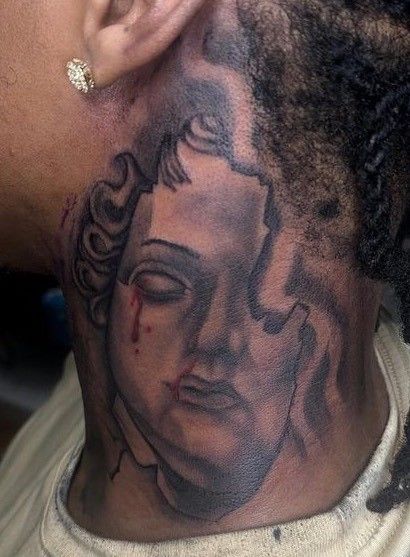 Neck Hood Tattoos, Mens Small Face Tattoos, Tattoo Above Eyebrow, Side Neck Tattoo Men, Men Face Tattoo, Male Neck Tattoos, Full Throat Tattoo Men, Black Men Neck Tattoos, Front Arm Tattoo Men