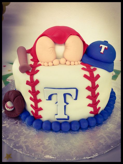 Texas Rangers Cake Texas Rangers Cake, Baseball Baby Shower Cake, Baby Boy Shower Cakes, Cake Funny, Baseball Baby Shower Theme, Modern Baby Shower Games, Funny Baby Shower Games, Sports Baby Shower, Baby Shower Prizes